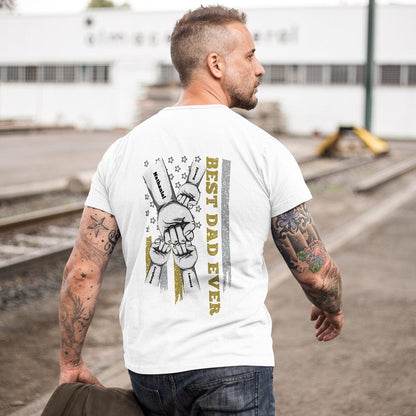 Dispatch-ready personalised fist bump T-shirt with quality inspection tag prior to shipping