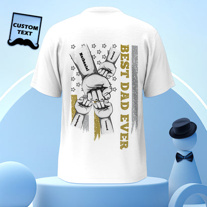 Three-quarter rear view of personalised fist bump T-shirt showing exact placement of engraved print