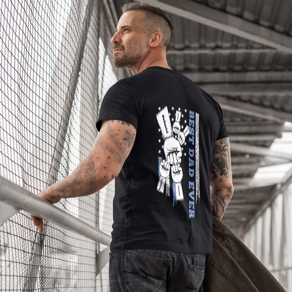 Child-sized personalised fist bump T-shirt mock-up showing fit and engraved back detail