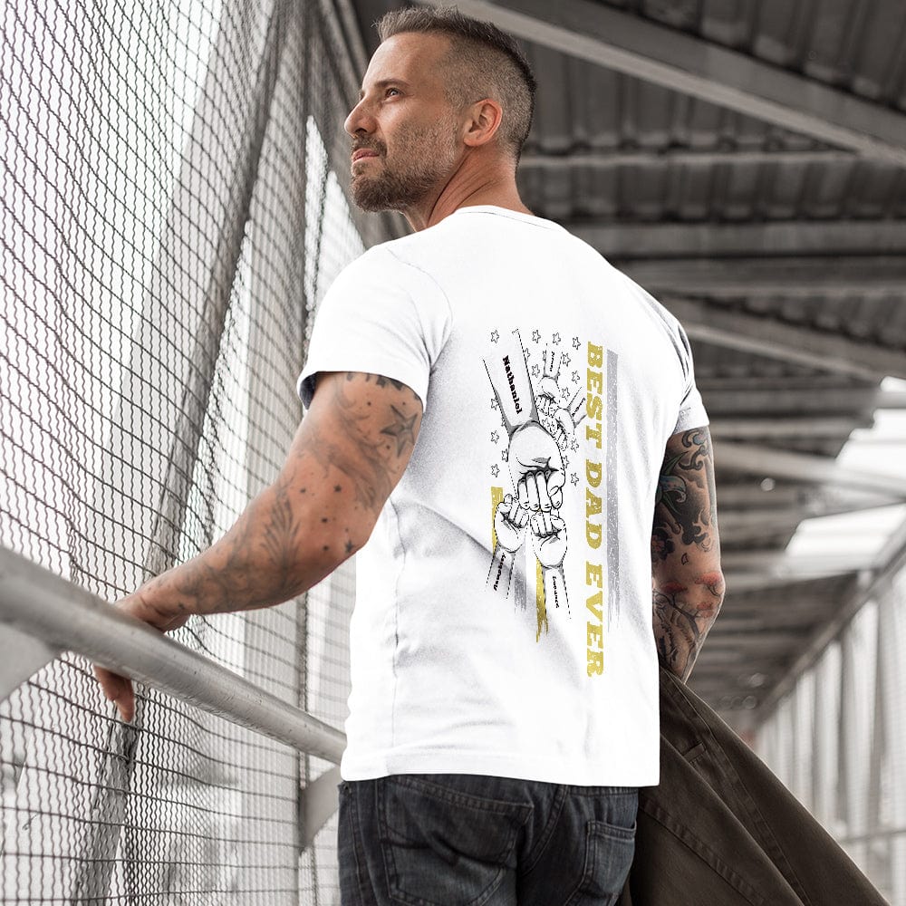 Model wearing personalised fist bump T-shirt front-on to showcase minimalist everyday style