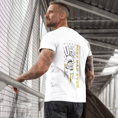 Model wearing personalised fist bump T-shirt front-on to showcase minimalist everyday style