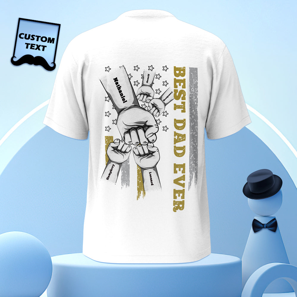 Personalised fist bump T-shirt shown at multiple angles to highlight engraved back print and finish