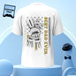 Personalised fist bump T-shirt shown at multiple angles to highlight engraved back print and finish
