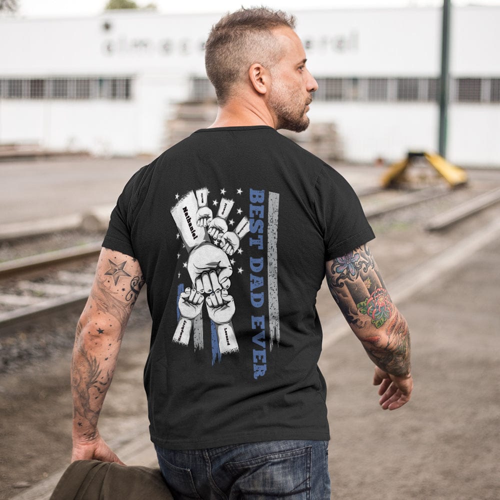 Detail of sleeve and hem on personalised fist bump T-shirt highlighting quality stitching and finish