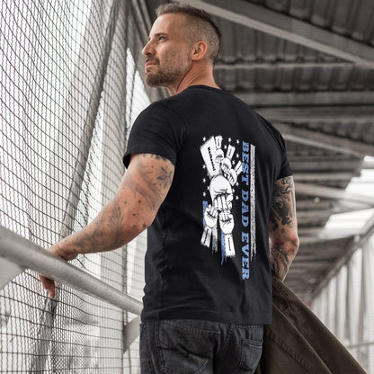 Detail of sleeve and hem on personalised fist bump T-shirt highlighting quality stitching and finish