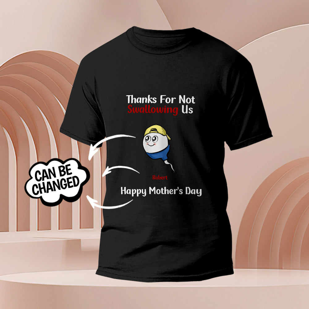 Model wearing personalised tadpole engraved t-shirt showing front print and fit — a quirky, personalised gift idea for Mum