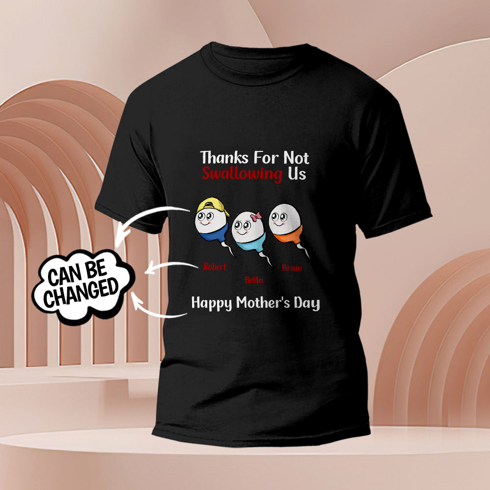 Personalised tadpole engraved t-shirt flat-lay with humorous 'Thanks for Not Swallowing Us' print — funny personalised gift for Mum, ideal for Mother's Day or Thanksgiving