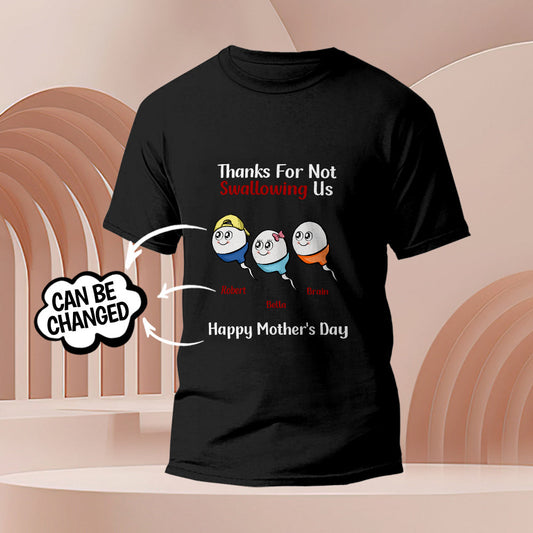 Personalised tadpole engraved t-shirt flat-lay with humorous 'Thanks for Not Swallowing Us' print — funny personalised gift for Mum, ideal for Mother's Day or Thanksgiving