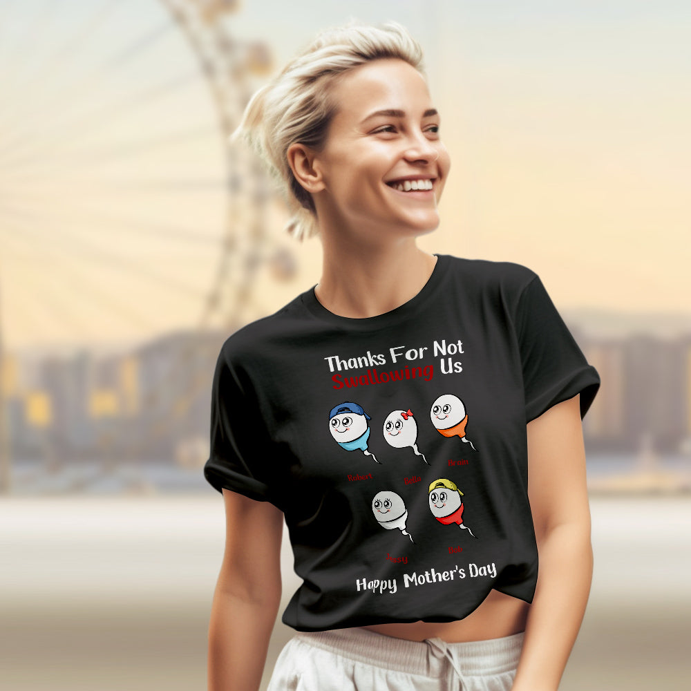 Personalised tadpole engraved t-shirt flat-lay with humorous 'Thanks for Not Swallowing Us' print — funny personalised gift for Mum, ideal for Mother's Day or Thanksgiving