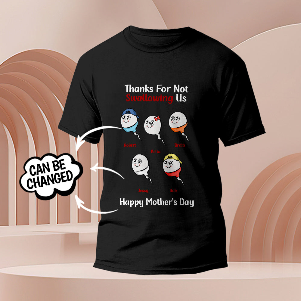 Gift-ready personalised tadpole t-shirt packaging — humorous 'Thanks for Not Swallowing Us' present perfect for Mother's Day or birthdays
