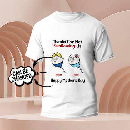 Smiling woman wearing the personalised 'Thanks for Not Swallowing Us' tadpole t-shirt as a funny Mother's Day present — personalised gift for Mum