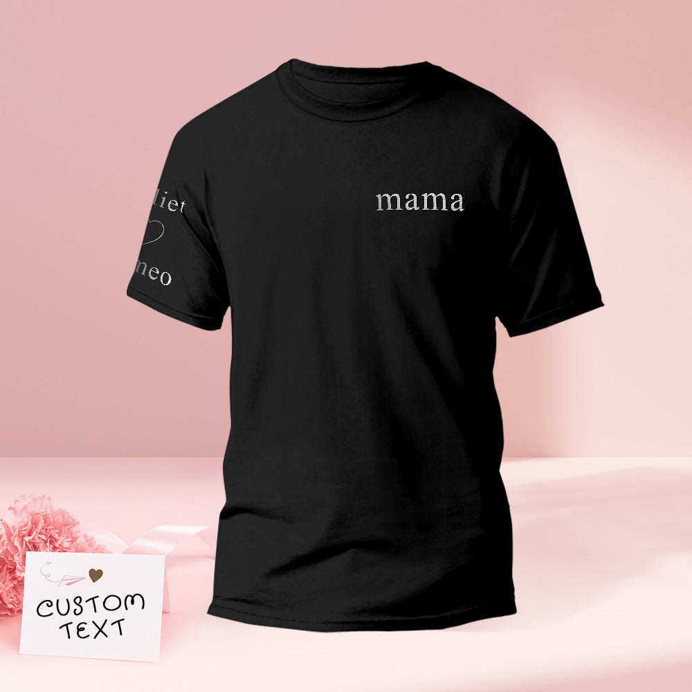 Personalised embroidered T-shirt front with coloured name and custom quote — ideal custom couples tee Mother's Day gift