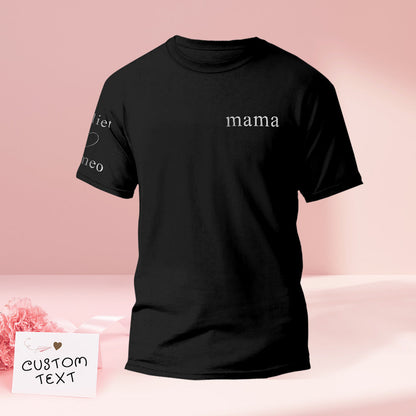 Personalised embroidered T-shirt front with coloured name and custom quote — ideal custom couples tee Mother's Day gift
