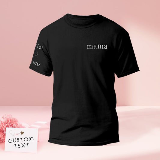 Personalised embroidered T-shirt front with coloured name and custom quote — ideal custom couples tee Mother's Day gift
