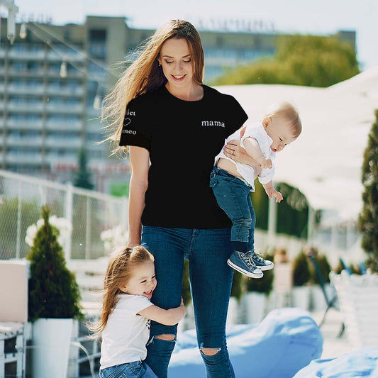 Personalised embroidered T-shirt front with coloured name and custom quote — ideal custom couples tee Mother's Day gift