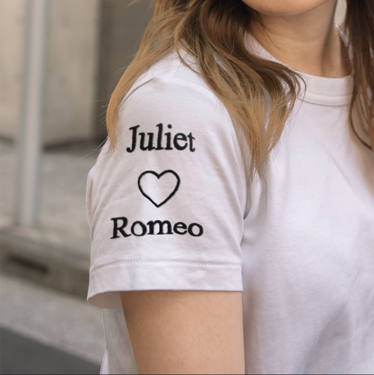 Couple wearing matching personalised embroidered T-shirts — bespoke custom couples tee, perfect Mother's Day present
