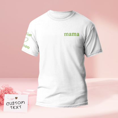 Close-up of personalised embroidered name on T-shirt showing fine stitching and colour detail — premium customised keepsake