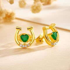 Personalised Horseshoe Stud Earrings with Heart Birthstone & Zircon | Unique Gift for Horse Lovers