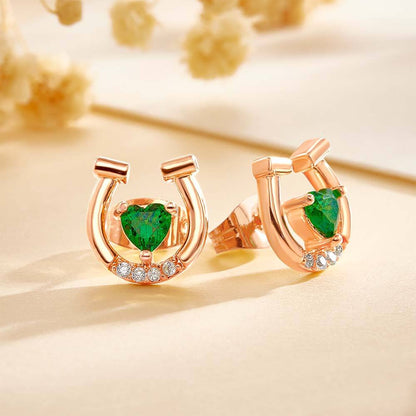 Personalised Horseshoe Stud Earrings with Heart Birthstone & Zircon | Unique Gift for Horse Lovers