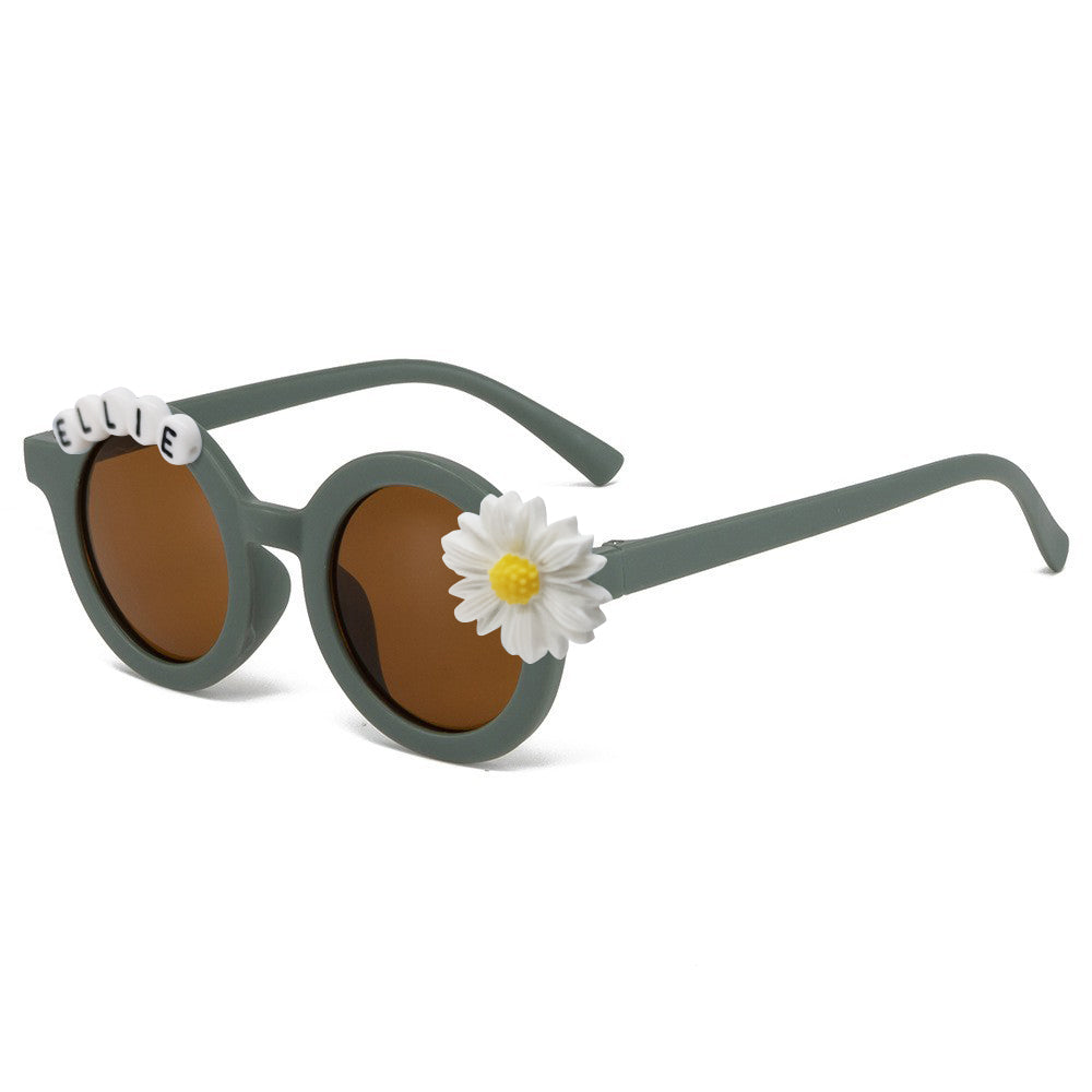 Personalised daisy sunglasses for kids front view on white background with custom name on frame — toddler sunglasses, lightweight and impact‑resistant