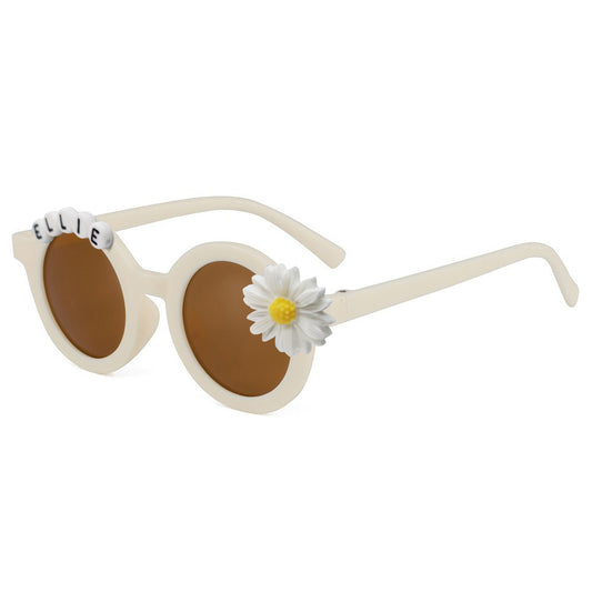 Personalised daisy sunglasses for kids front view on white background with custom name on frame — toddler sunglasses, lightweight and impact‑resistant