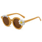 Top view illustrating the compact 13 x 4.8 cm size of personalised daisy sunglasses — perfect fit for toddlers and young children
