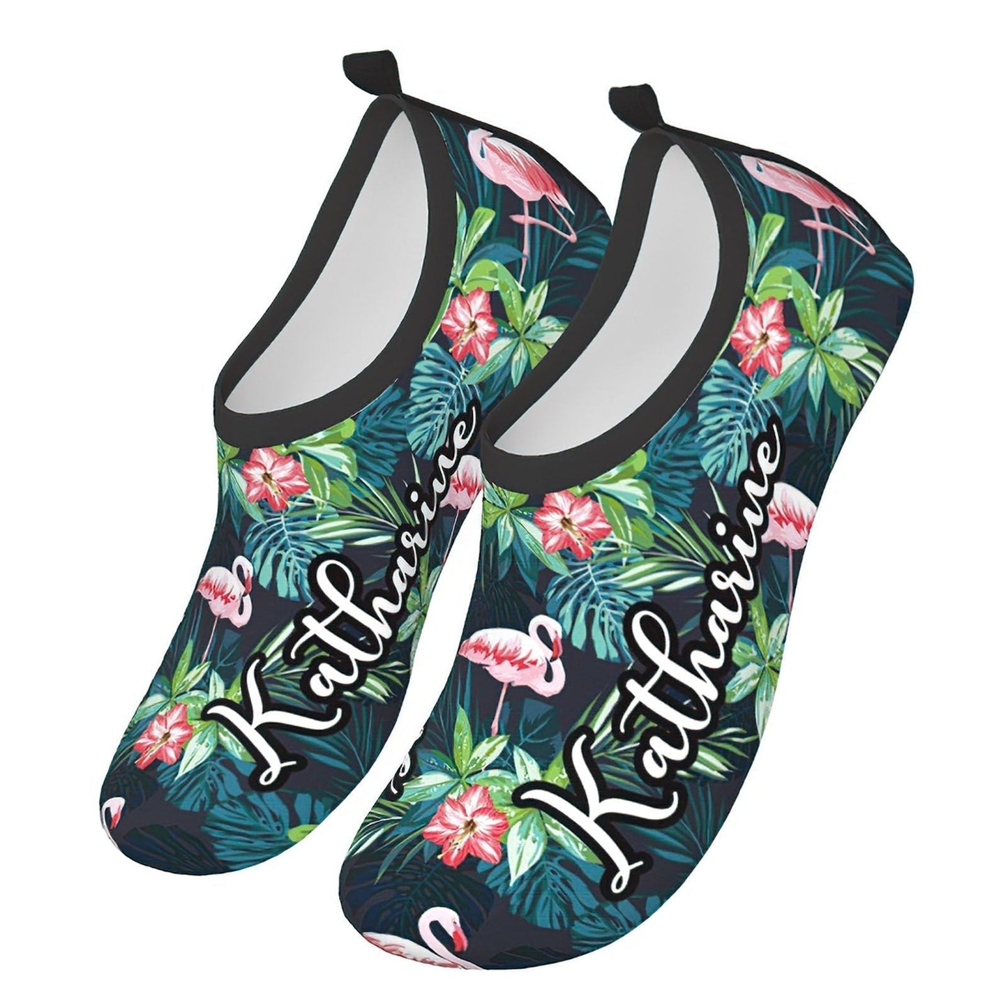 Side view of customised water shoes showing breathable stretch upper and practical heel pull‑strap – ideal personalised pool and beach footwear