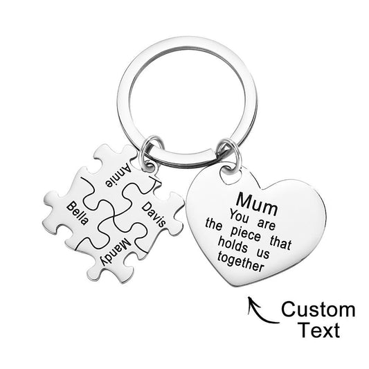 Personalised engraved puzzle heart keyring on white background — custom heart keychain perfect as a Mother's Day gift