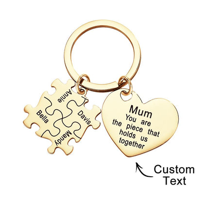 Collection of personalised engraved puzzle heart keyrings with different names — family keepsake and personalised wedding favour idea