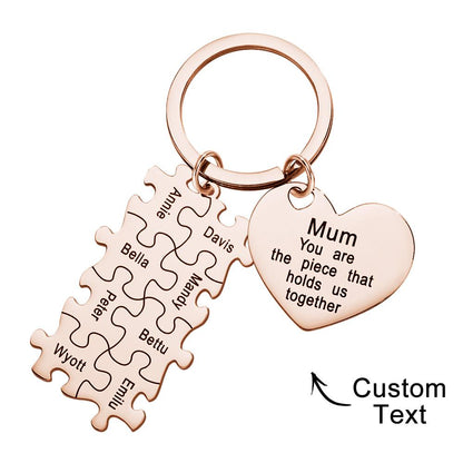 Personalised engraved puzzle heart keyring with a short sentimental quote — custom heart keychain gift for Mum