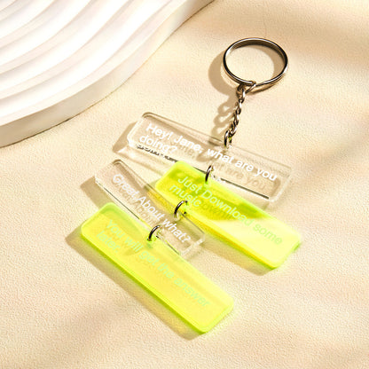 Personalised clear acrylic keyring with custom text on a metal split ring — funny message keychain and ideal birthday gift