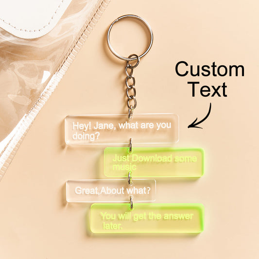 Personalised clear acrylic keyring with custom text on a metal split ring — funny message keychain and ideal birthday gift