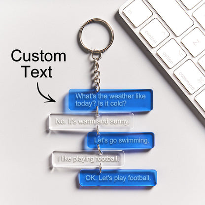 Side view of personalised engraved acrylic keyring showing lightweight clear charm and sturdy metal ring — customised keychain for him or her