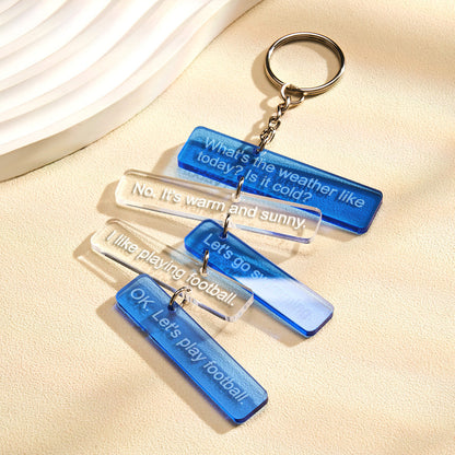 Lifestyle view of personalised custom text acrylic keyring attached to keys — durable everyday keepsake and stocking filler gift