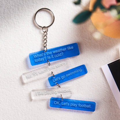 Close-up of custom printed text on clear acrylic keyring demonstrating high-resolution engraving and print options — personalised keychain birthday gift