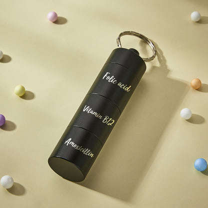 Custom engraved pill box keyring — compact, portable three‑stack personalised pill box keychain with engraved keyring detail