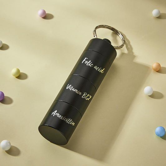 Custom engraved pill box keyring — compact, portable three‑stack personalised pill box keychain with engraved keyring detail