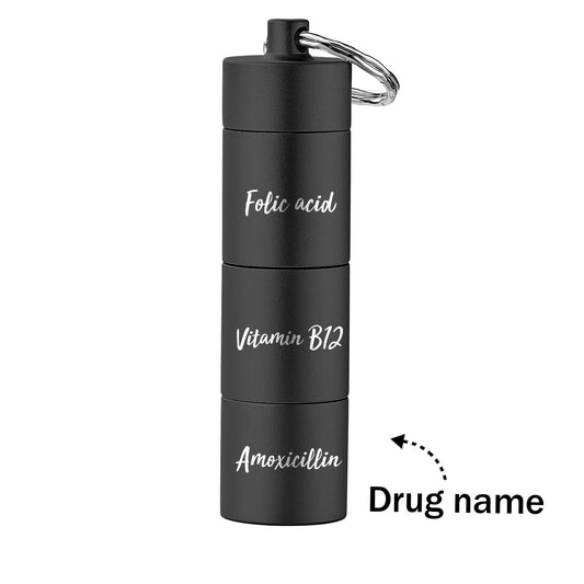 Custom engraved pill box keyring — compact, portable three‑stack personalised pill box keychain with engraved keyring detail