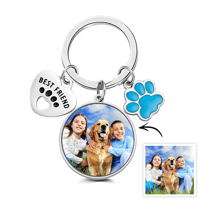 Personalised photo keyring with a clear printed dog portrait on a durable round keychain — custom dog keyring and heartfelt best friend gift