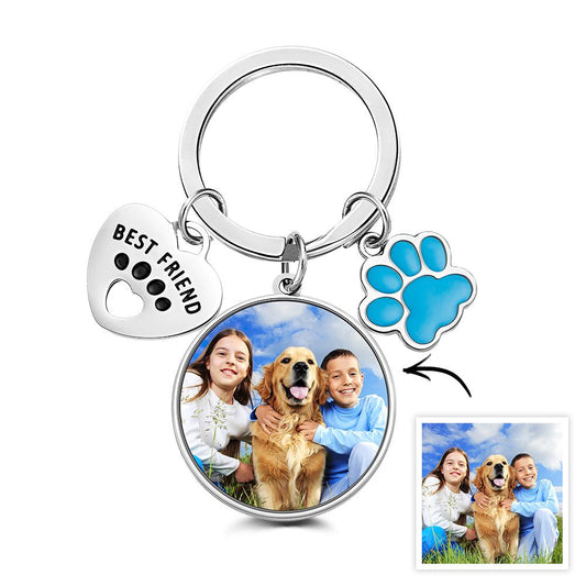 Personalised photo keyring with a clear printed dog portrait on a durable round keychain — custom dog keyring and heartfelt best friend gift