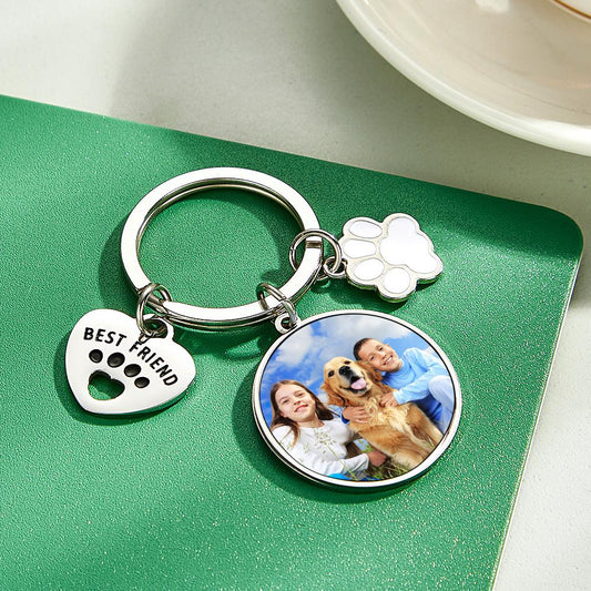 Personalised photo keyring with a clear printed dog portrait on a durable round keychain — custom dog keyring and heartfelt best friend gift