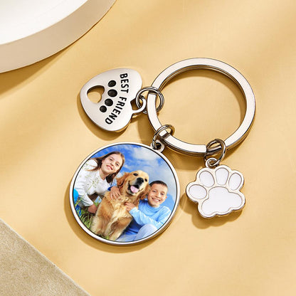 Close-up of personalised photo keyring hardware showing metal ring and clasp with a high-quality printed photo — custom photo keychain for pet lovers