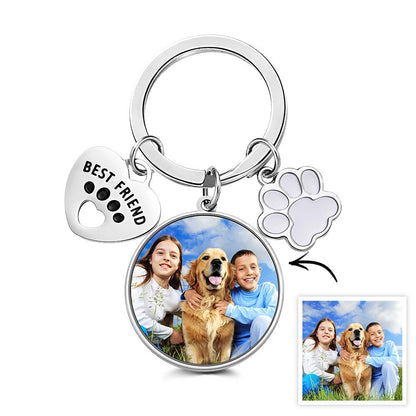 Personalised photo keyring attached to a handbag as a compact keepsake — ideal custom dog keyring and best friend gift