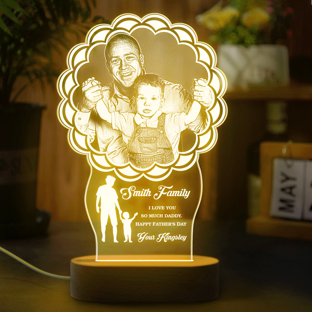 Personalised Father & Child Photo Night Light - Custom Engraved 7 Colour LED Lamp | Unique Father's Day Gift