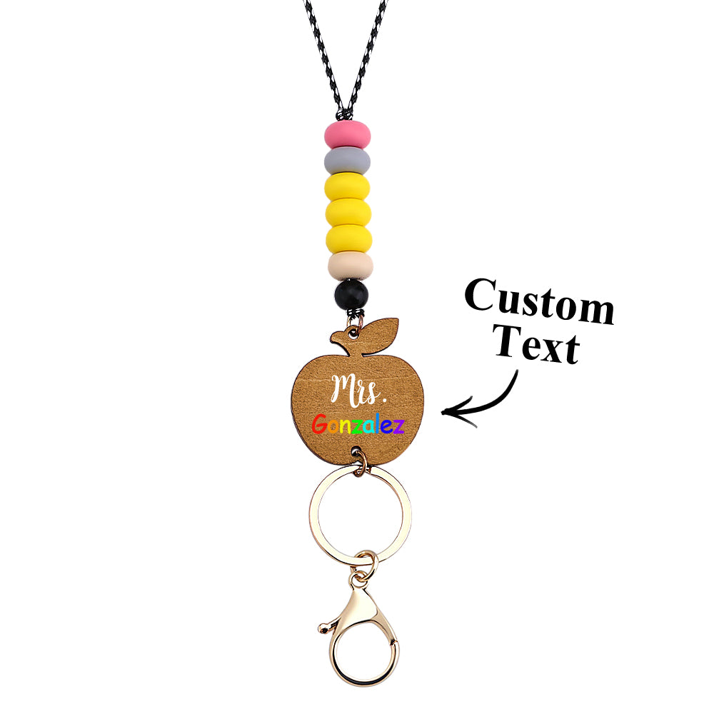Personalised wooden apple lanyard with silicone beads — teacher back to school gift, personalised keychain and ID badge holder