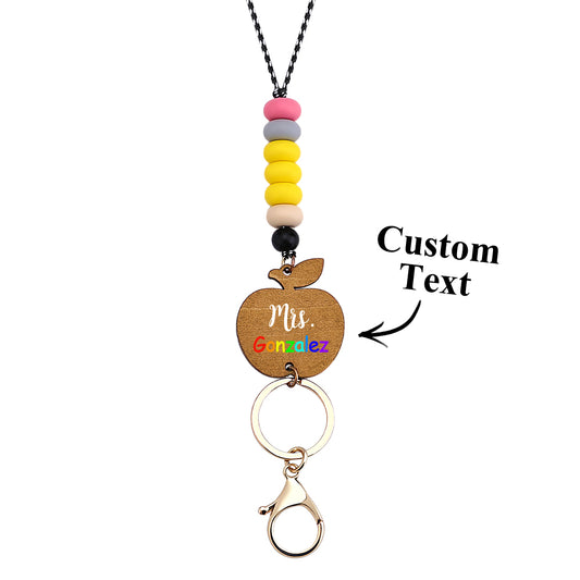 Personalised wooden apple lanyard with silicone beads — teacher back to school gift, personalised keychain and ID badge holder