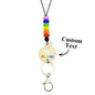 Teacher wearing personalised wooden apple lanyard with staff pass — practical and stylish back to school accessory