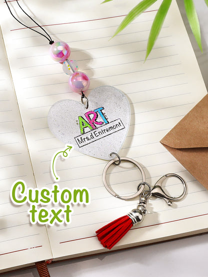 Product angle showing full lanyard length with tassel and keyring — 62cm personalised acrylic beaded lanyard