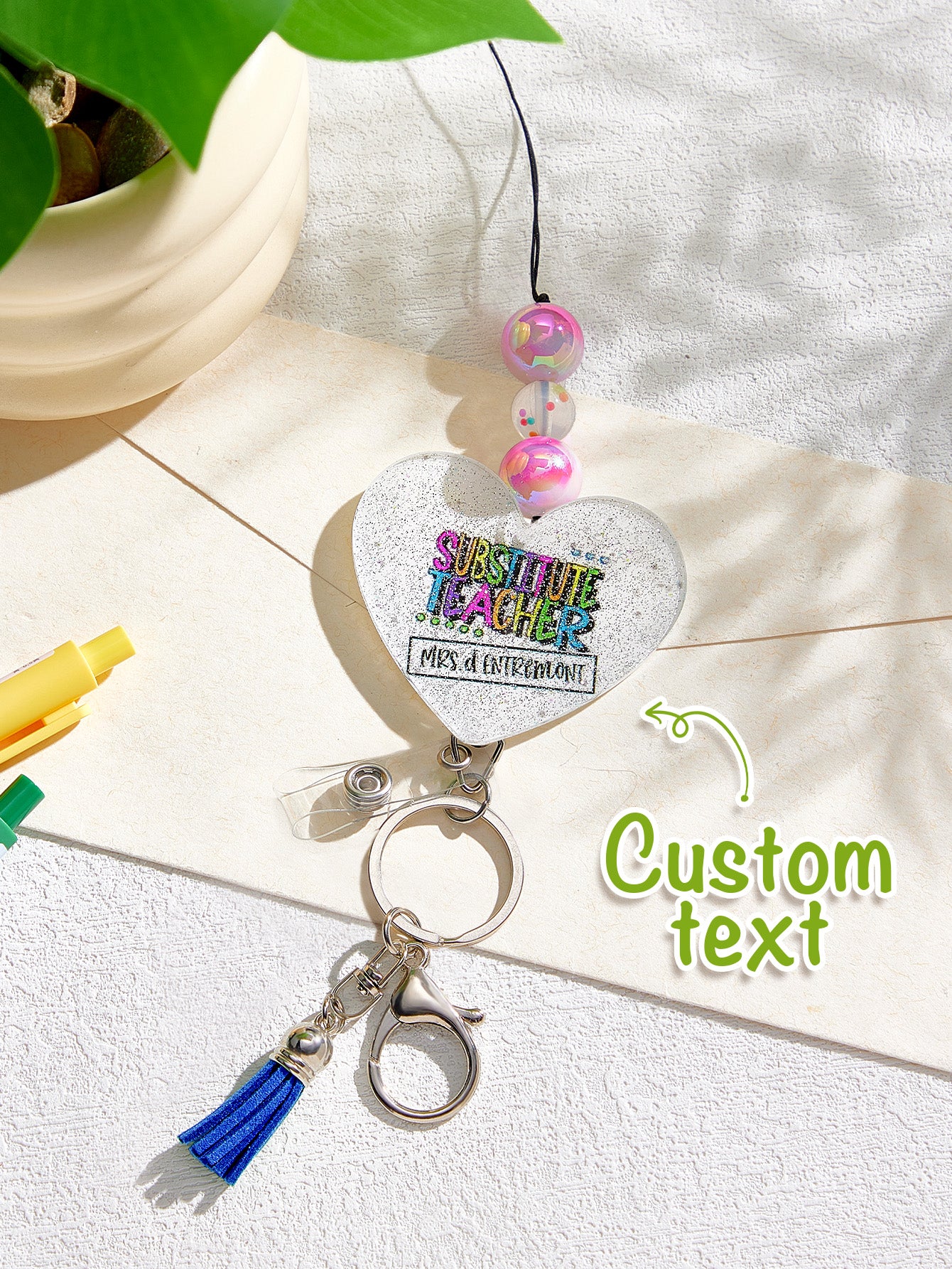 Personalised Glitter Acrylic Beaded Tassel Lanyard with Name (62cm) — Teacher & Graduation Gift