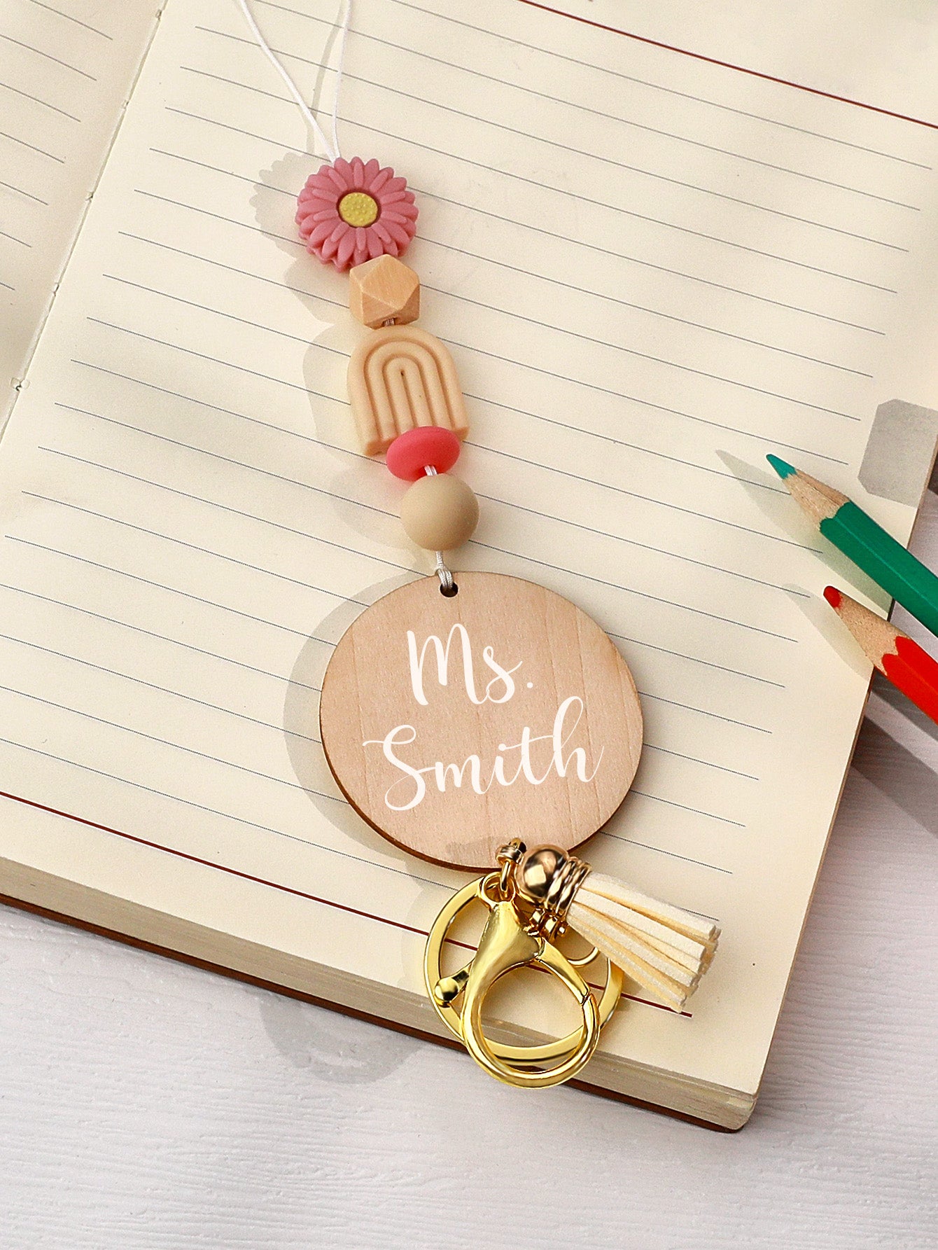 Bohemian personalised name lanyard worn as an ID badge holder 50cm chain ideal for teachers and staff